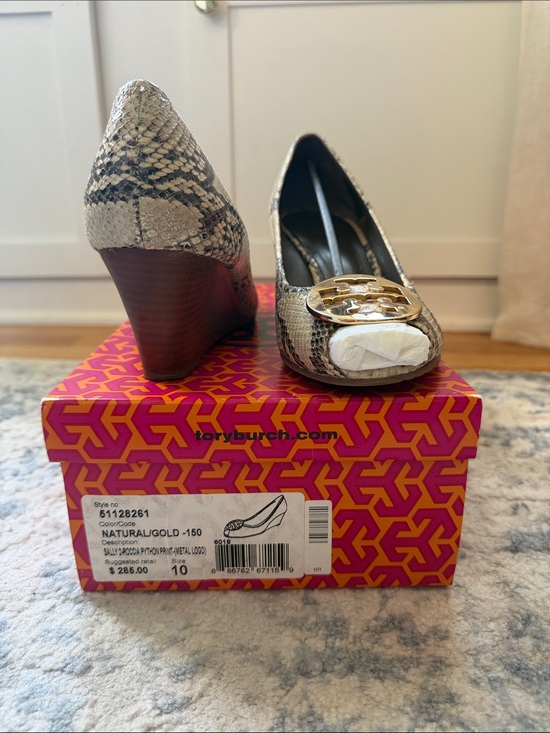 Tory Burch Shoes - Tory Burch Natural Snake-Print Wedge Peep-Toe with Gold Logo